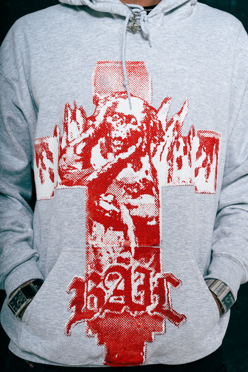 CROSS HOODIE --GREYNRED--