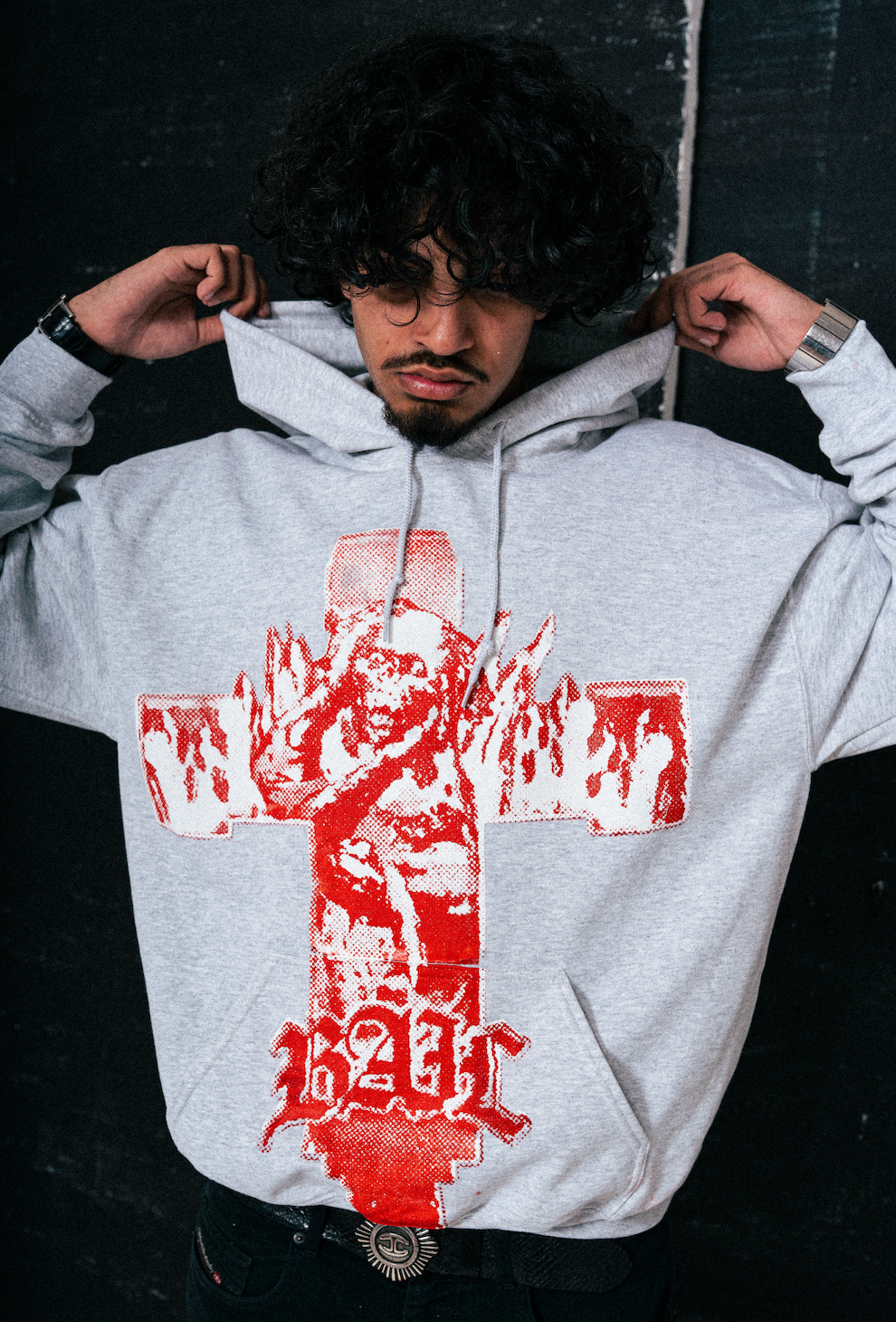 CROSS HOODIE --GREYNRED--